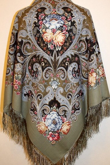 帕夫洛沃波薩德俄羅斯披肩 100% 羊毛絲巾 125x125 公分 圍巾 絲綢流蘇 1665-2