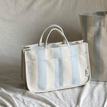 韓國 THEALLY - 多用途手提內夾層帆布包-直條紋-天藍