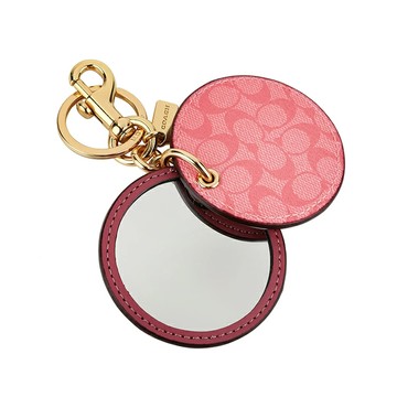 【COACH】圓形皮革化妝鏡鑰匙圈/吊飾-玫粉