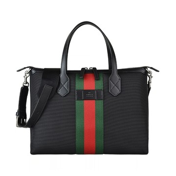 GUCCI 古馳  壓印LOGO綠紅綠織帶尼龍拉鍊手提肩背托特包(黑)