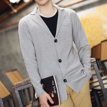 秋冬季男西裝翻領中長款針織衫開衫外穿韓版潮流毛衣外套加厚外衣