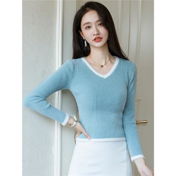 v領水貂絨短款毛衣女秋冬加厚 修身內搭針織打底衫高腰小個子上衣