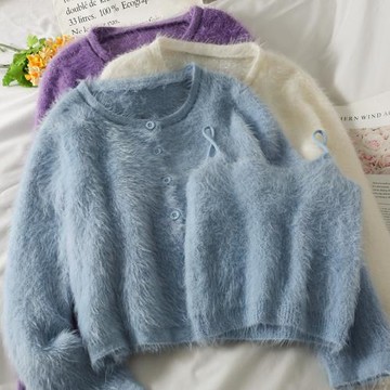 套裝女2025秋裝寬松顯瘦圓領單排扣長袖毛衣外套短款修身打底吊帶