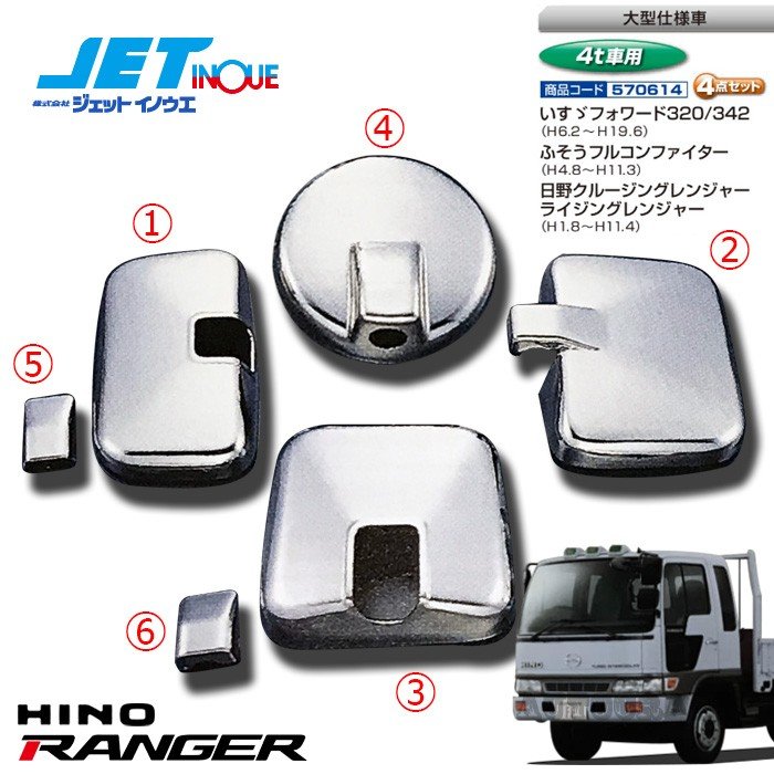 JETINOUE ジェットイノウエ ミラーカバーセット [HINO 4t クルージングレンジャー/ライジングレンジャー H1.8~H11.4  (大型仕様車)] | LINEショッピング