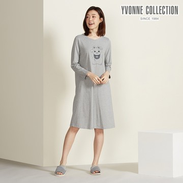 YVONNE 以旺傢飾 招財貓網印長袖洋裝-迷霧灰