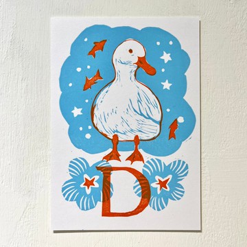 D is for Duck 手工版印明信片 鴨子  abc字母明信片