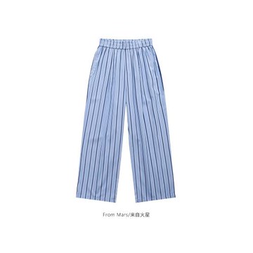 From Mars 有一點藍 韓版流行豎條紋百搭慵懶風休閑闊腿男女長褲