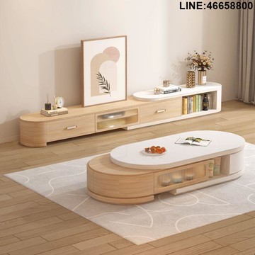 免運 開立發票 電視櫃 收納櫃 儲物櫃 落地櫃 背景櫃 奶油風可伸縮巖板電視櫃茶幾組合小戶型家用客廳拉伸地櫃北歐原木 支持訂製