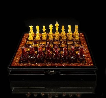 豪華琥珀西洋棋套裝，配有手工雕刻的琥珀棋子|琥珀跳棋| 海藍寶