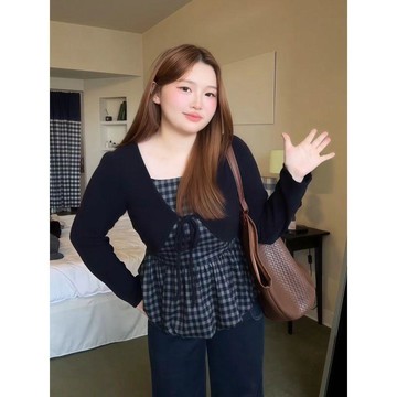 『ATC』大碼秋裝女胖MM復古甜美格子假兩件長袖T恤女2026秋季新款遮肉顯瘦上衣