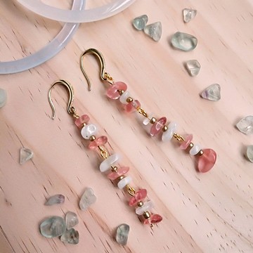 J011-天然石珠串耳環(四色) 西瓜紅水晶+月光石