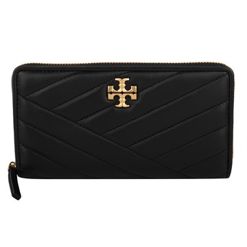 TORY BURCH-KIRA 金屬雙T 縫衍紋皮革拉鍊長夾(素面黑)