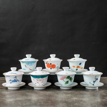 德化白瓷手繪沖茶三才蓋碗單個高檔不燙手大容量陶瓷功夫泡茶茶碗