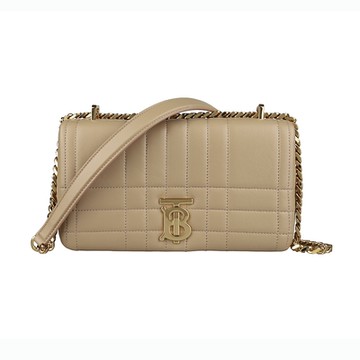 BURBERRY 巴寶莉  Lola立體金字LOGO小羊皮格紋縫線拼棉織布磁扣鏈袋斜背包(小/奶茶)