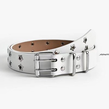 腰帶台出 皮帶 網紅歐美鏤空朋克休閑皮帶女士時尚百搭星星氣眼裝飾雙排腰帶