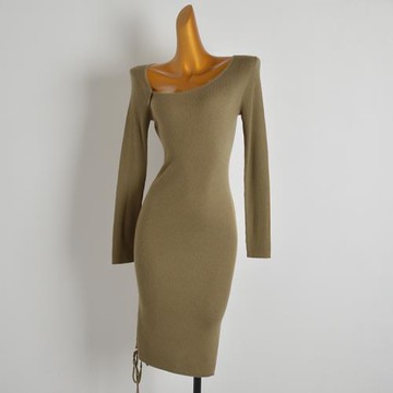 外單斜V領側邊抽繩長款羊毛針織連衣裙長袖修身打底包臀長款裙子