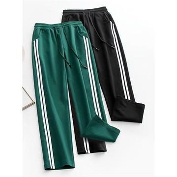 運動直筒褲女寬松大碼純棉薄款2025春秋新款條紋休閑外穿學生衛褲