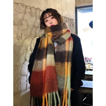 彩虹圍巾女秋冬季仿羊絨ins格子百搭AC同款披肩兩用厚保暖圍脖潮