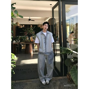 潮牌夏季設計款痞帥百搭假兩件時尚拚色無袖馬甲長褲搭配兩件套男 H90W