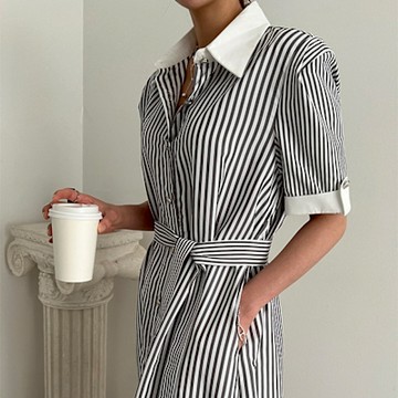 [米蘭精品] 洋裝短袖連身裙-韓系綁帶收腰條紋女裙子2色74kf72