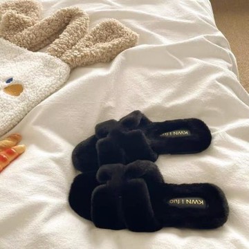 法式平底毛毛拖鞋女外穿2025新款秋冬季平底毛茸茸慵懶一字棉拖鞋