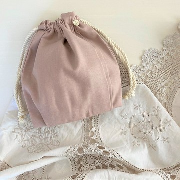 麻帆布側邊兩折抽繩手拿包煙熏粉紅