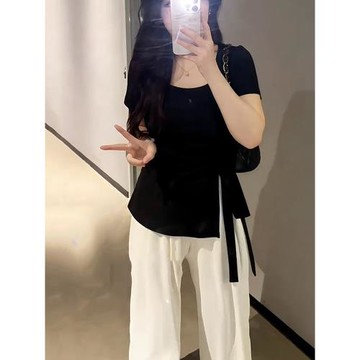 大碼溫柔風紫色U領正肩短袖t恤女夏季新款胖mm顯瘦不規則掐腰上衣