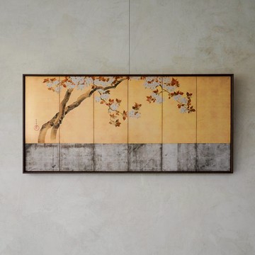 藝術掛畫｜琳派｜酒井抱一｜櫻圖屏風-左 - 黑胡桃色鋁框-50*100cm