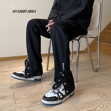 黑色褲子秋季男潮牌vibe復古排扣開叉工裝褲美式高街休閑牛仔長褲