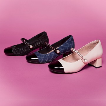 【日本京都聯名】HAPPYFACE 小香風拼接珍珠飾釦瑪莉珍鞋 黑毛呢 (6B2961)