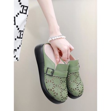 真皮包頭拖鞋女外穿一腳蹬半拖洞洞鞋軟底皮拖女士防滑涼拖百搭