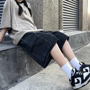 日系簡約休閒牛仔短褲男女夏季甜酷風寬鬆百搭工裝闊腿抽繩五分褲