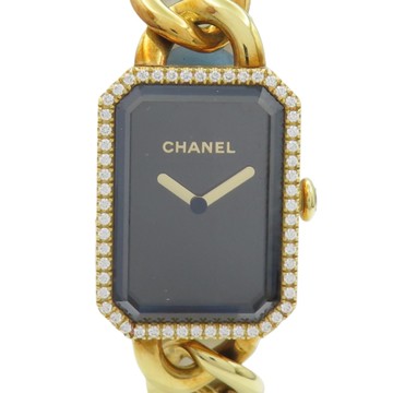 【二手名牌BRAND OFF】CHANEL 香奈兒 黑色錶盤 鑽框 18K黃金 鍊帶 PREMIERE 腕錶 H3259