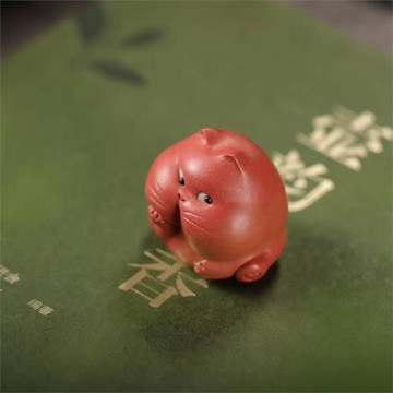 宜興紫砂茶寵托腮貓精品可養手工茶玩茶桌擺件年余作品