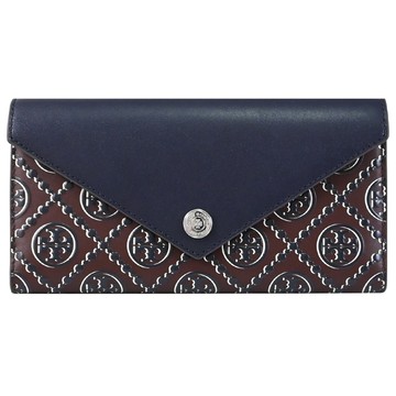 TORY BURCH 175040 立體花紋撞色皮革三折長夾.深藍/棕