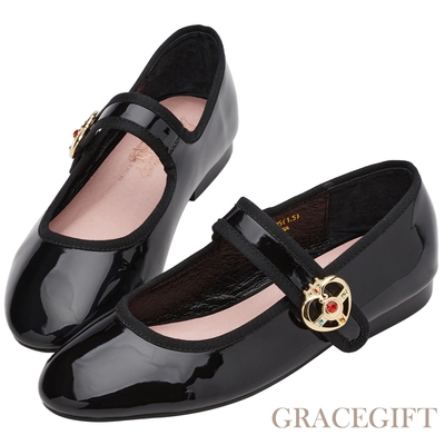 【Grace Gift】美少女戰士Crystal變身器飾釦平底瑪莉珍鞋 黑漆