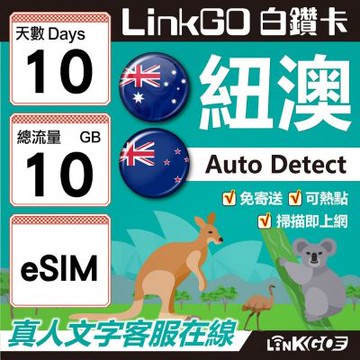 LINKGO白鑽卡 紐澳 eSIM卡 10天上網卡 總流量10GB 高速流量(紐澳網卡 紐西蘭 澳洲 虛擬卡)