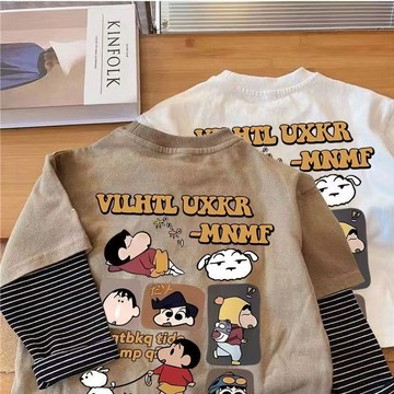 台灣出貨 儿童衣服 可爱上衣 儿童长袖 童装 秋冬上衣 中小童卡通蠟筆小2025新款兒童T恤春秋季條紋假兩件長袖打底上衣