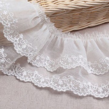 雙層荷葉邊網紗刺繡蕾絲  白色象牙白  1個
