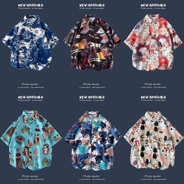 夏季新款韓版ins港風復古碎花薄款情侶襯衣上衣寬松短袖襯衫男潮