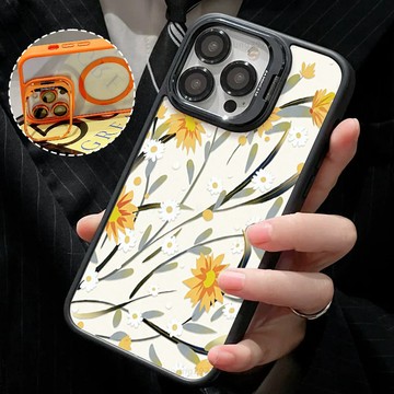 雛菊向日葵 磁吸手機殼 金屬鏡頭支架 保護殼 適用於iPhone 17 16 15 14 13 12 11 Max防摔殼