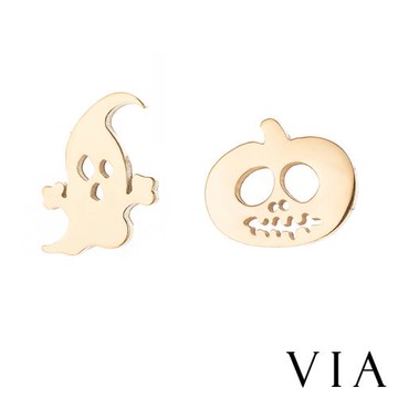 【VIA】節日系列 萬聖節不對稱鬼怪南瓜造型白鋼耳釘 造型耳釘 金色