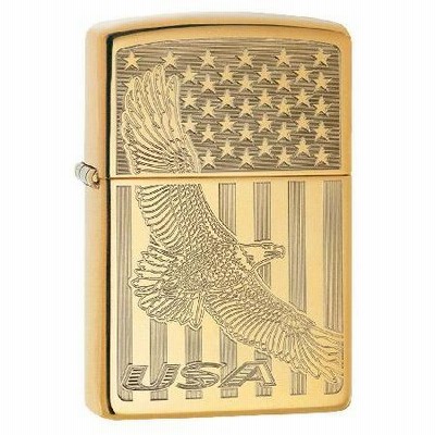 特価Zippo Lighter: USA Flying Eagle and Flag, Engraved - High Polish Brass 80744並行輸入商品