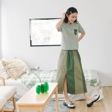 【Dailo】尋找愛的訊號配色長裙 藍 綠