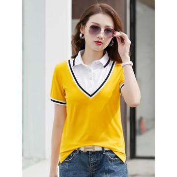 假兩件接拼有領t恤女短袖2025新款帶領POLO衫黃色翻領體恤上衣夏