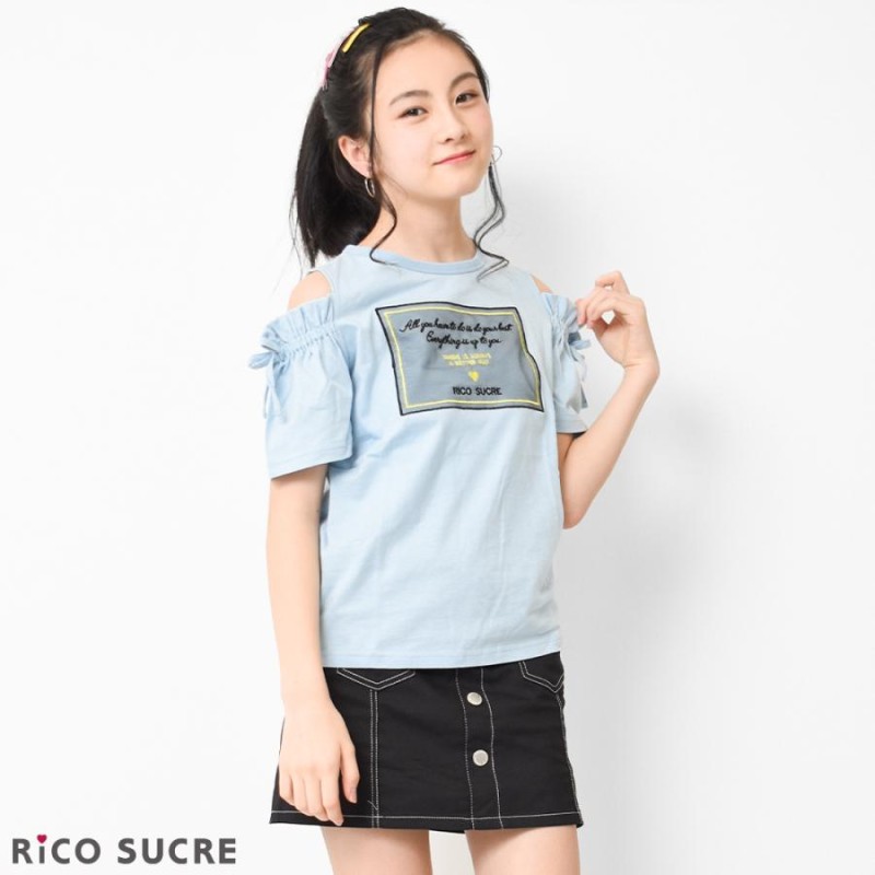 子供服 女の子 半袖Tシャツ 袖シャーリング リボン オフショルダー 肩