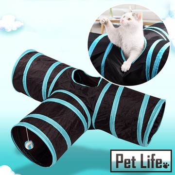 Pet Life 簡約風可折疊三通貓隧道/Ｔ字型寵物通道 藍色