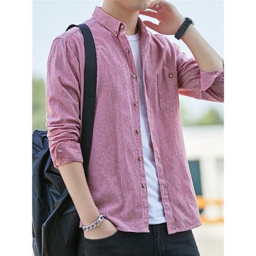 春季男士純棉條紋長袖襯衫寬松休閑青年韓版寸襯衣潮上衣大碼外套