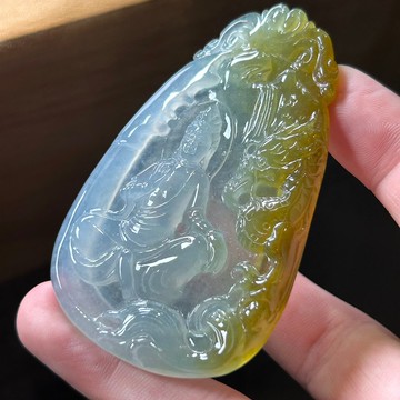 冰雙彩翡翠精雕自在觀音菩薩 | 天然緬甸玉翡翠A貨 | 送禮
