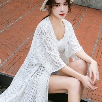 胖mm蕾絲開衫披肩外套女夏季新款寬松外搭中長款沙灘薄防曬衣女款